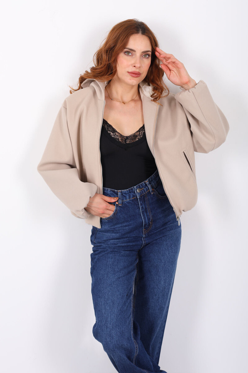 Kapüşonlu Çift Cepli Bej Kadın Kaşe Kaban - 1