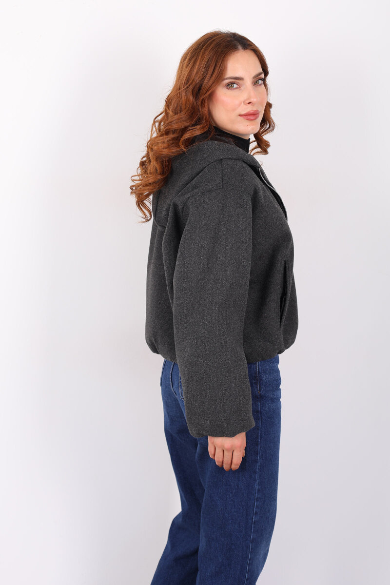 Kapüşonlu Çift Cepli Füme Kadın Kaşe Kaban - 5