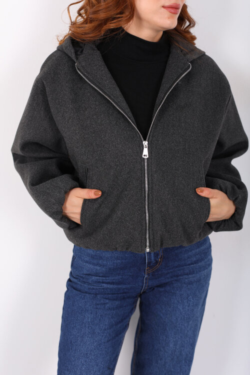 Kapüşonlu Çift Cepli Füme Kadın Kaşe Kaban - Berox (1)