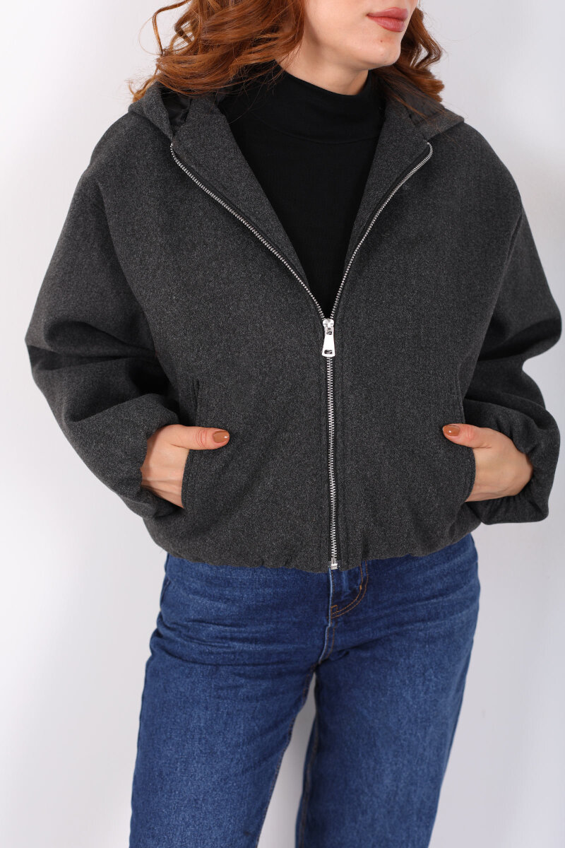 Kapüşonlu Çift Cepli Füme Kadın Kaşe Kaban - 2