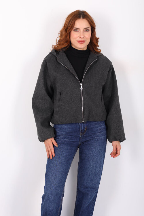 Kapüşonlu Çift Cepli Füme Kadın Kaşe Kaban - 4