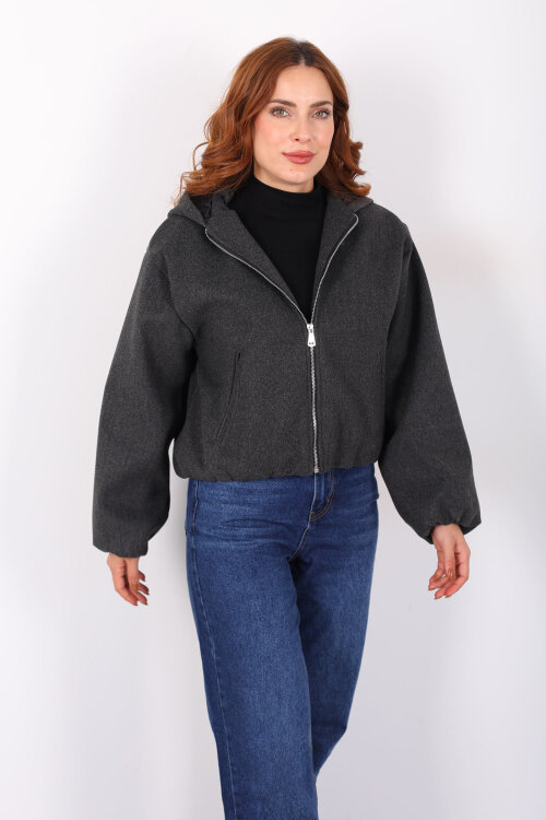 Kapüşonlu Çift Cepli Füme Kadın Kaşe Kaban - 6