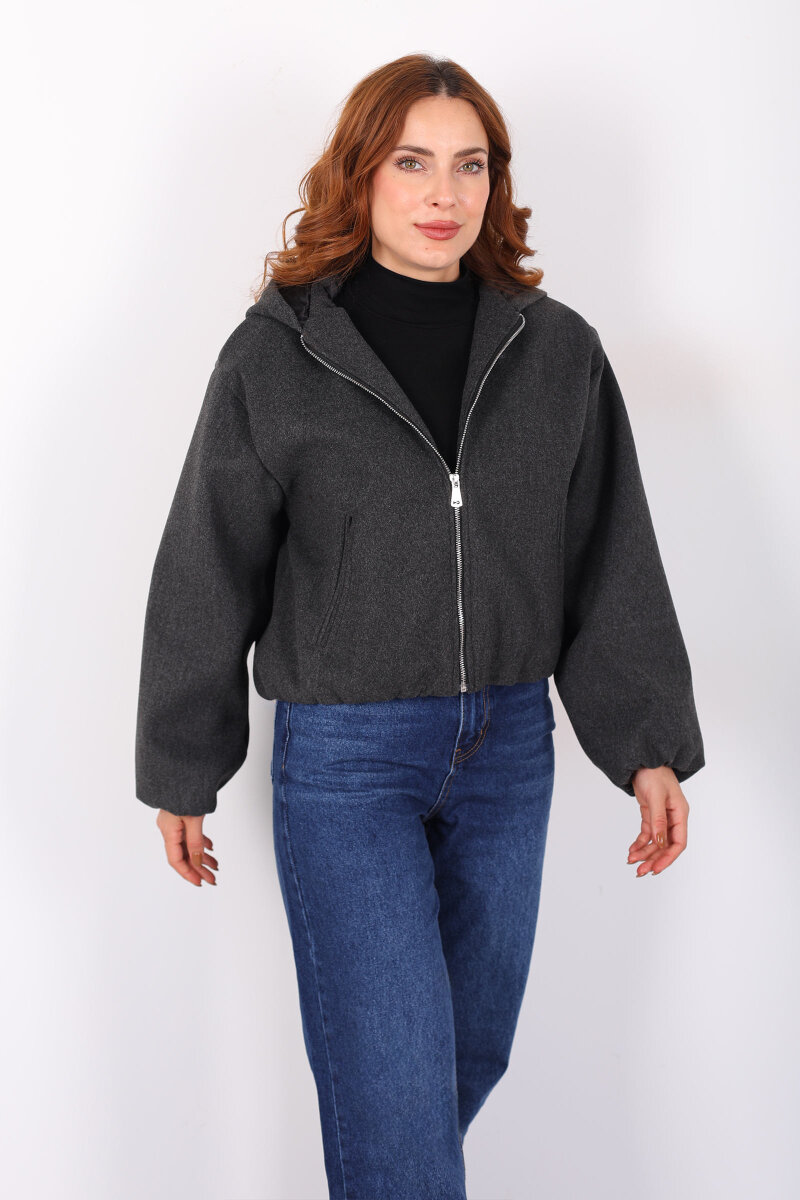 Kapüşonlu Çift Cepli Füme Kadın Kaşe Kaban - 6