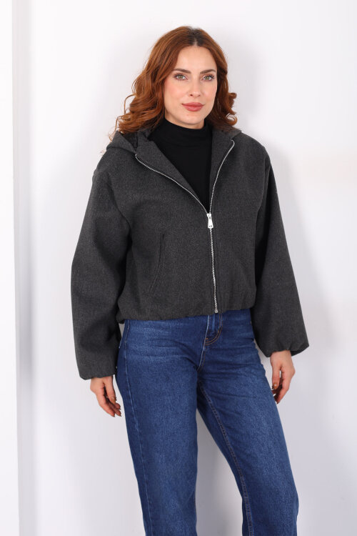 Kapüşonlu Çift Cepli Füme Kadın Kaşe Kaban - 3