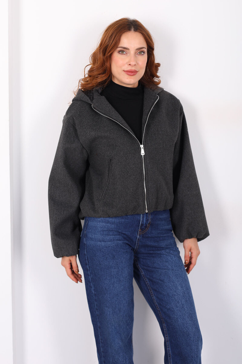 Kapüşonlu Çift Cepli Füme Kadın Kaşe Kaban - 3