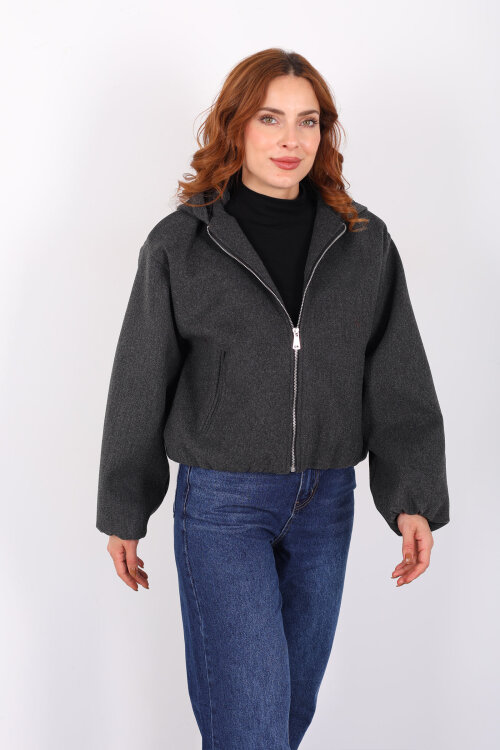 Kapüşonlu Çift Cepli Füme Kadın Kaşe Kaban 