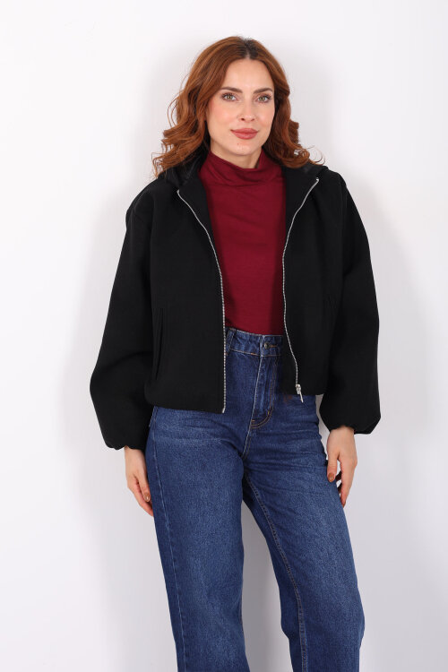 Kapüşonlu Çift Cepli Siyah Kadın Kaşe Kaban - 6