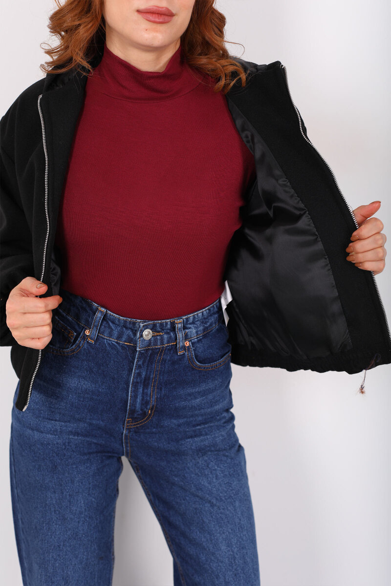 Kapüşonlu Çift Cepli Siyah Kadın Kaşe Kaban - 2