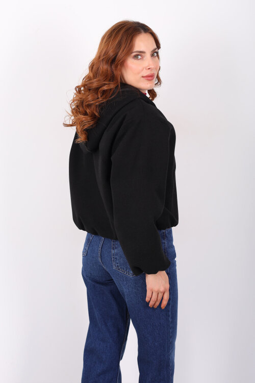 Kapüşonlu Çift Cepli Siyah Kadın Kaşe Kaban - 5