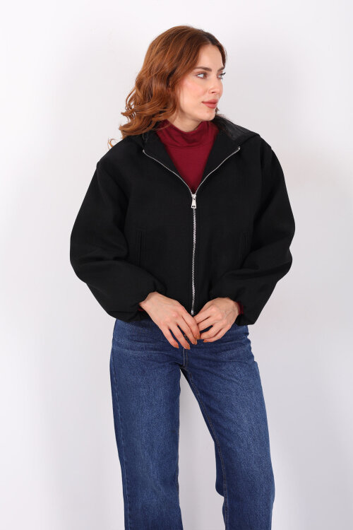 Kapüşonlu Çift Cepli Siyah Kadın Kaşe Kaban - 3