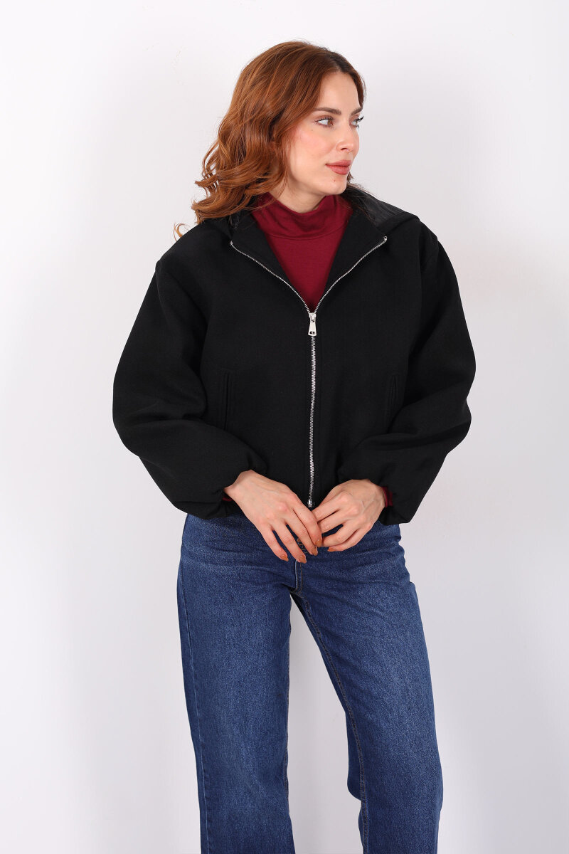 Kapüşonlu Çift Cepli Siyah Kadın Kaşe Kaban - 3