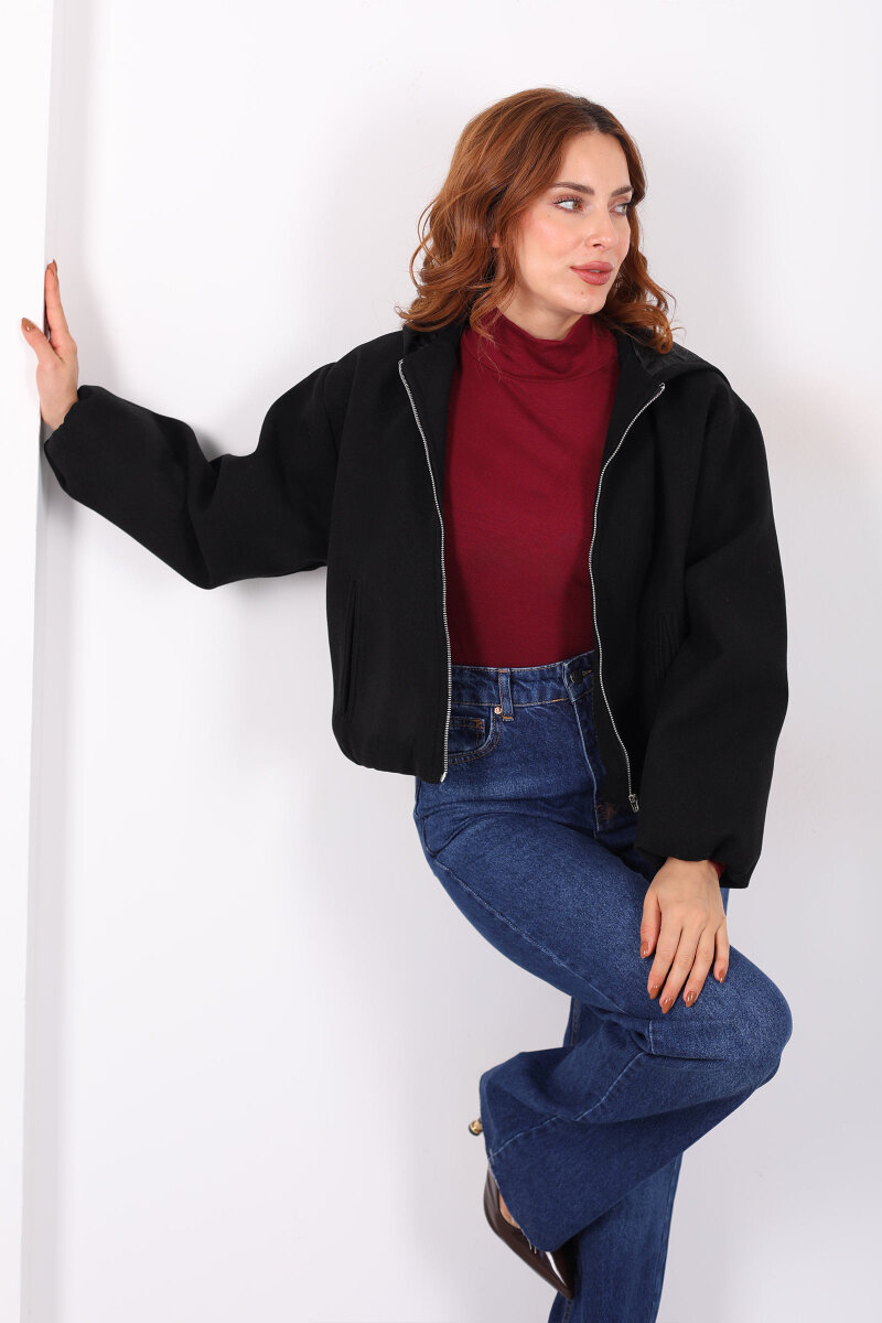 Kapüşonlu Çift Cepli Siyah Kadın Kaşe Kaban - 1