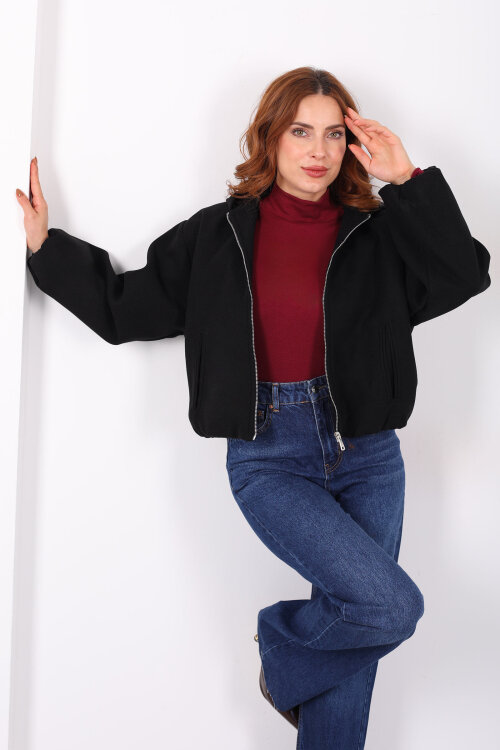 Kapüşonlu Çift Cepli Siyah Kadın Kaşe Kaban - 4