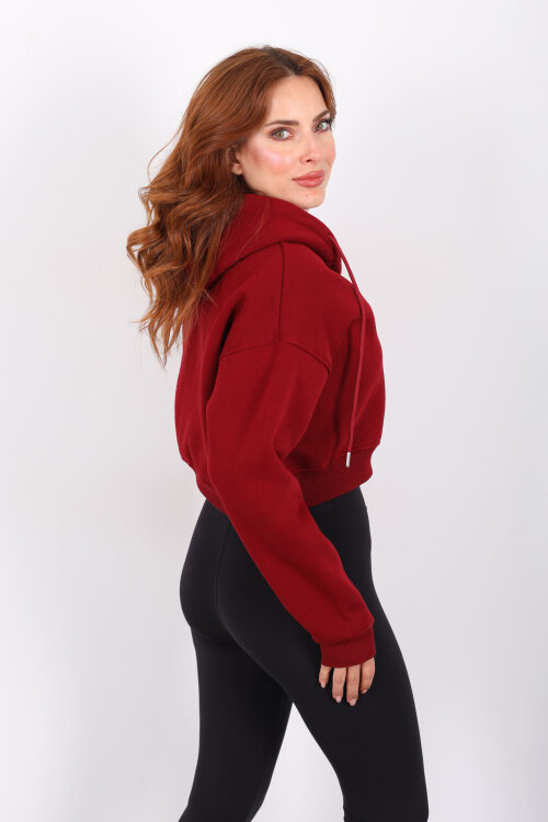 Kapüşonlu Fermuarlı Bordo Kadın Crop Sweatshirt - 5