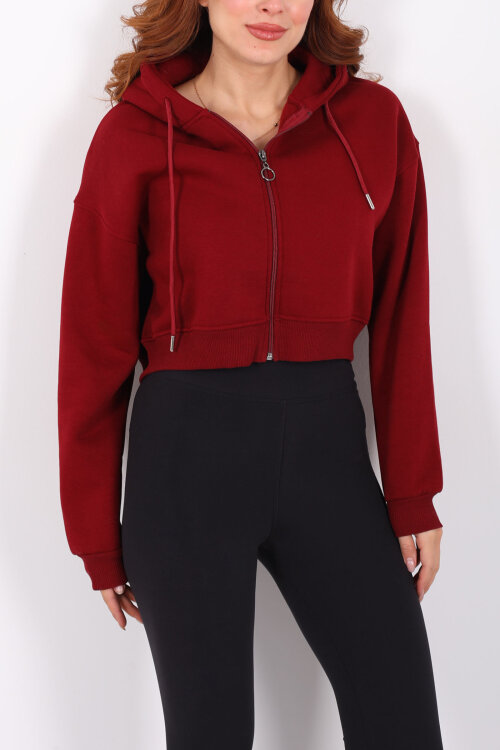 Kapüşonlu Fermuarlı Bordo Kadın Crop Sweatshirt - Berox (1)
