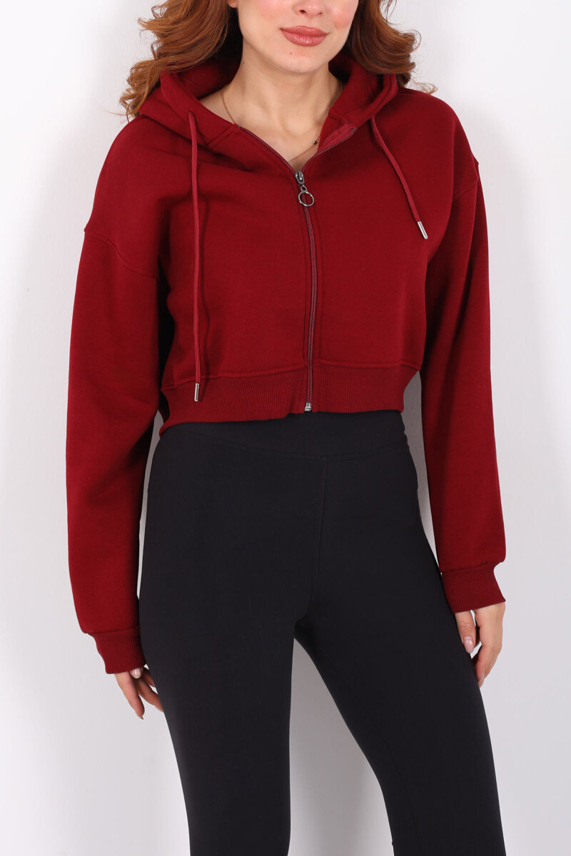 Kapüşonlu Fermuarlı Bordo Kadın Crop Sweatshirt - 2