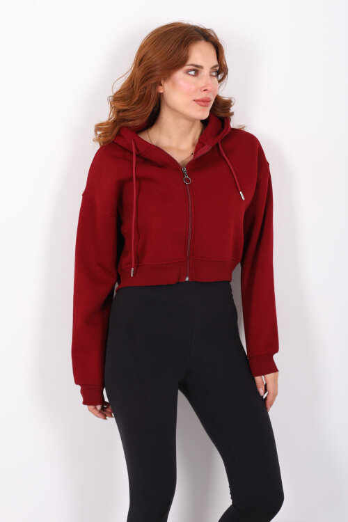 Kapüşonlu Fermuarlı Bordo Kadın Crop Sweatshirt - 4