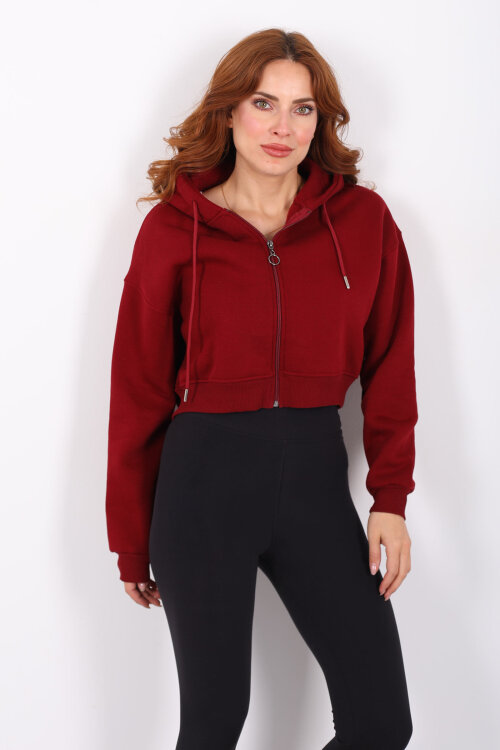 Kapüşonlu Fermuarlı Bordo Kadın Crop Sweatshirt - 6