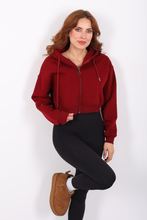 Kapüşonlu Fermuarlı Bordo Kadın Crop Sweatshirt - Berox