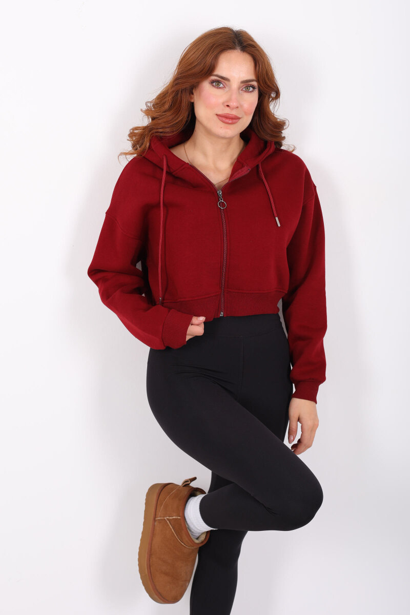 Kapüşonlu Fermuarlı Bordo Kadın Crop Sweatshirt - 1