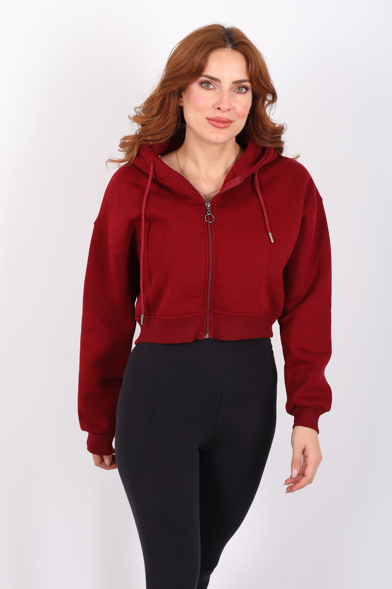 Kapüşonlu Fermuarlı Bordo Kadın Crop Sweatshirt - 3