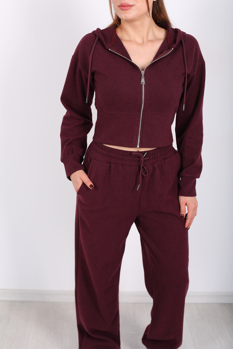 Kapüşonlu Fermuarlı Bordo Kadın Selanik Takım - 2