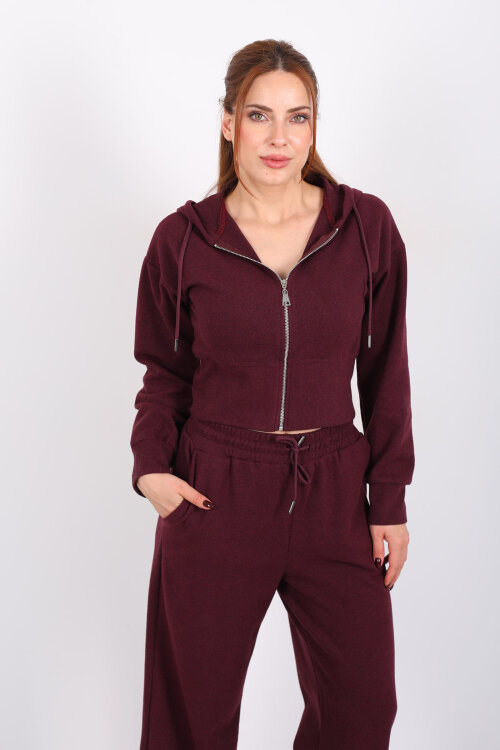 Kapüşonlu Fermuarlı Bordo Kadın Selanik Takım - 3