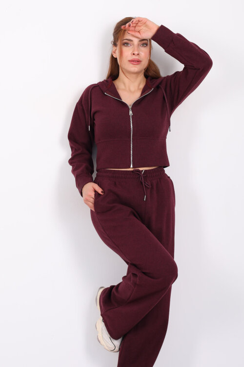 Kapüşonlu Fermuarlı Bordo Kadın Selanik Takım - Berox