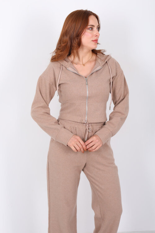 Kapüşonlu Fermuarlı Camel Kadın Selanik Takım 