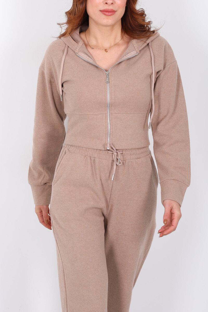 Kapüşonlu Fermuarlı Camel Kadın Selanik Takım - 2