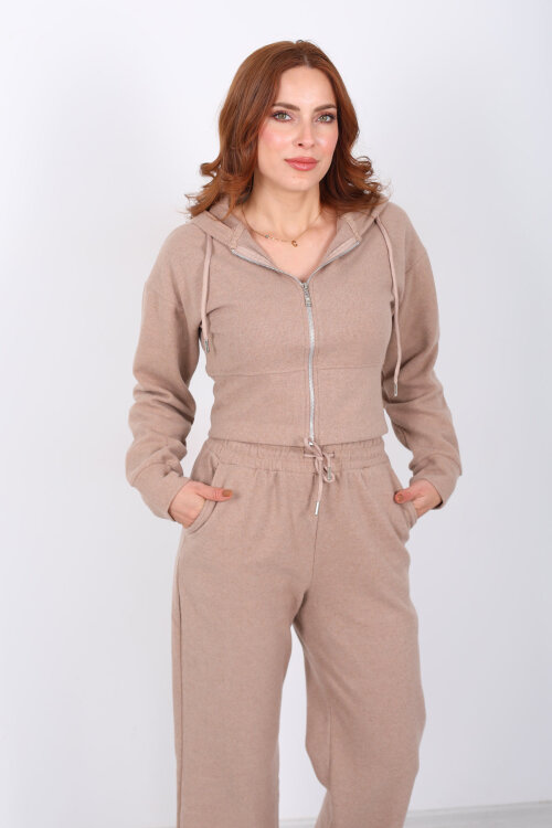 Kapüşonlu Fermuarlı Camel Kadın Selanik Takım - 4