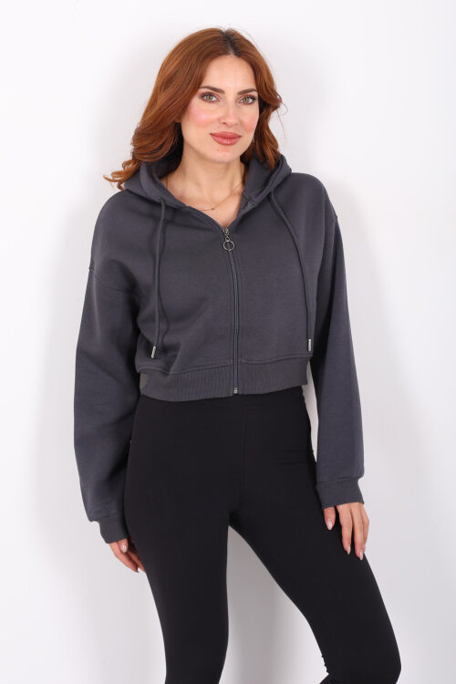 Kapüşonlu Fermuarlı Füme Kadın Crop Sweatshirt - 6