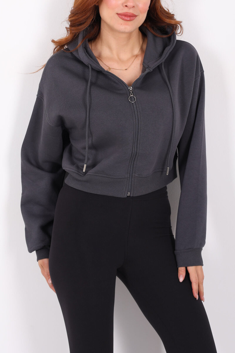 Kapüşonlu Fermuarlı Füme Kadın Crop Sweatshirt - 2