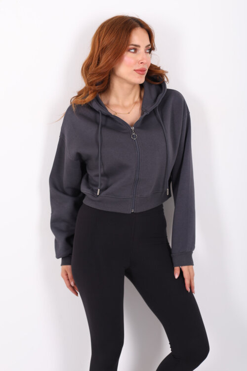 Kapüşonlu Fermuarlı Füme Kadın Crop Sweatshirt - 4