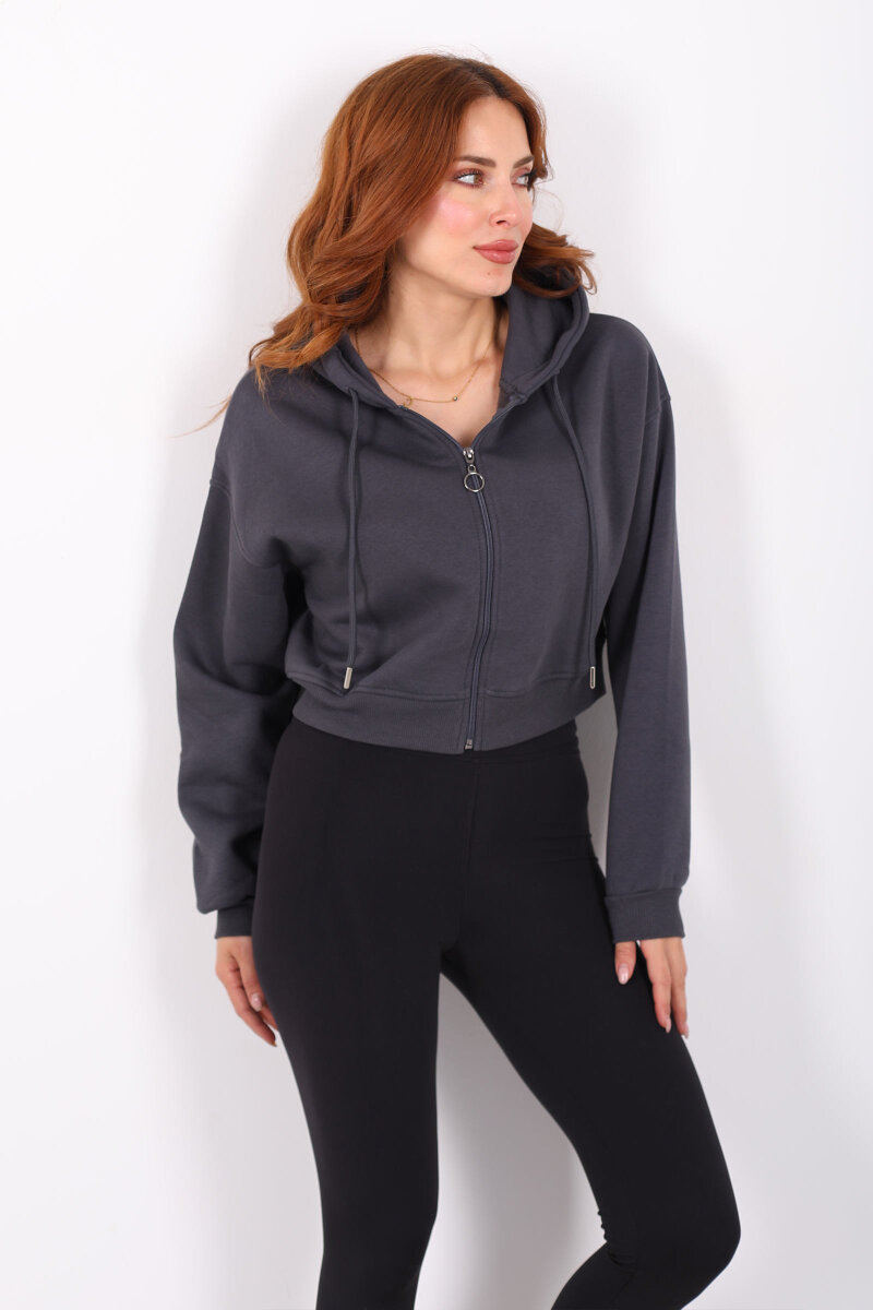 Kapüşonlu Fermuarlı Füme Kadın Crop Sweatshirt - 4