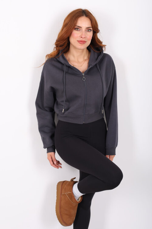 Kapüşonlu Fermuarlı Füme Kadın Crop Sweatshirt - Berox