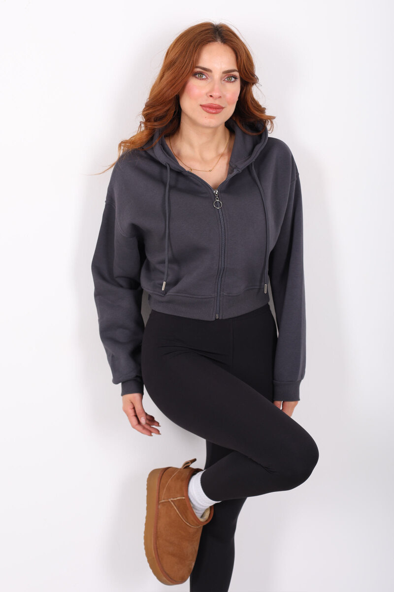 Kapüşonlu Fermuarlı Füme Kadın Crop Sweatshirt - 1