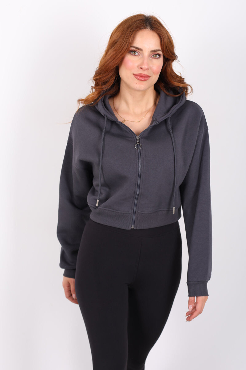 Kapüşonlu Fermuarlı Füme Kadın Crop Sweatshirt - 3