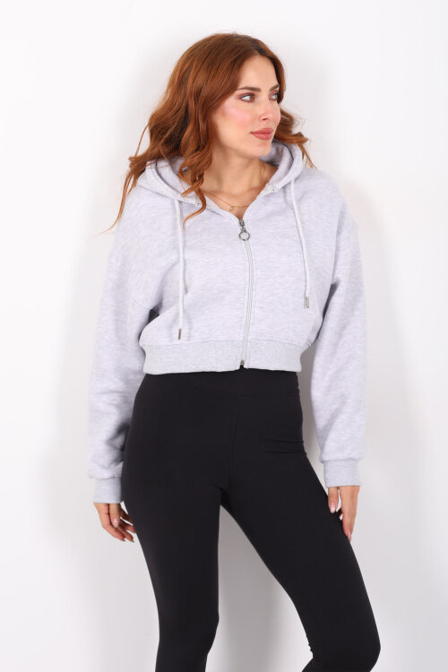 Kapüşonlu Fermuarlı Gri Melanj Kadın Crop Sweatshirt - Berox