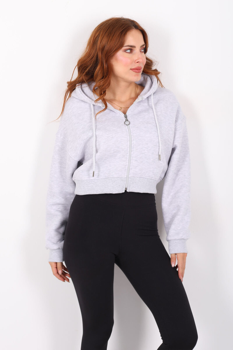 Kapüşonlu Fermuarlı Gri Melanj Kadın Crop Sweatshirt - 1