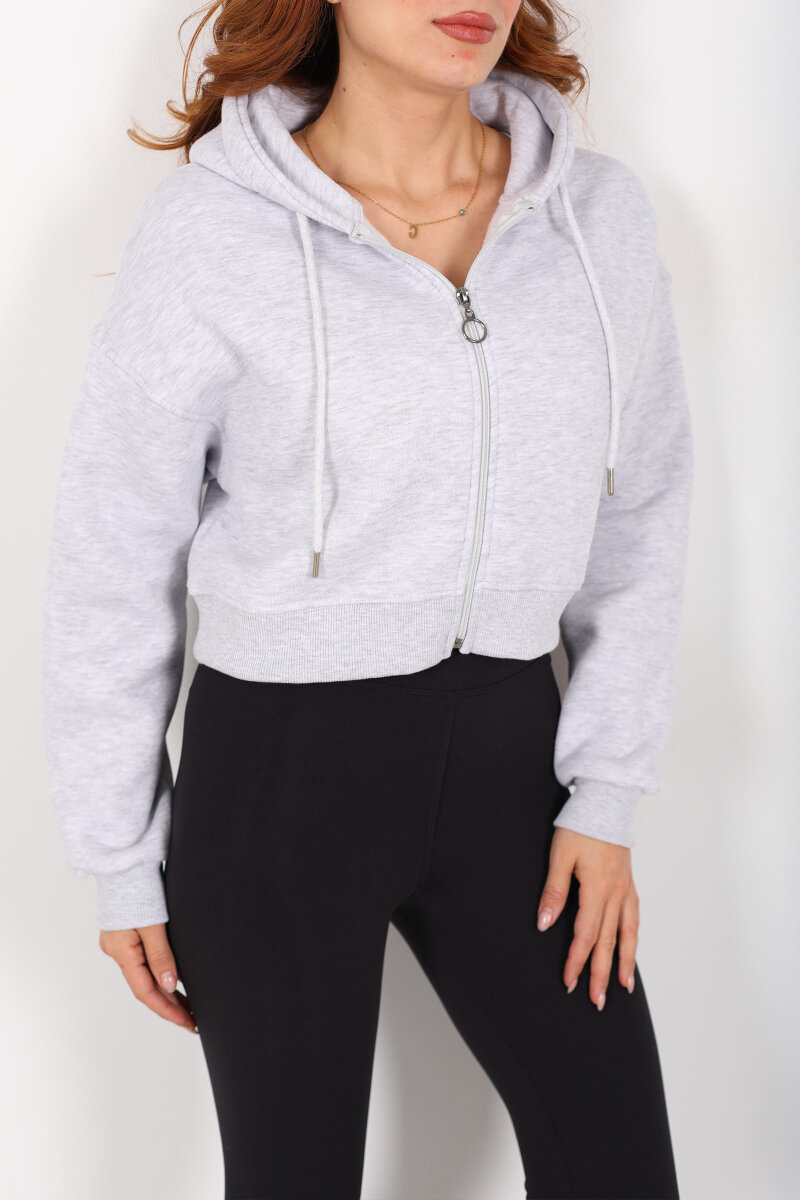 Kapüşonlu Fermuarlı Gri Melanj Kadın Crop Sweatshirt - 2