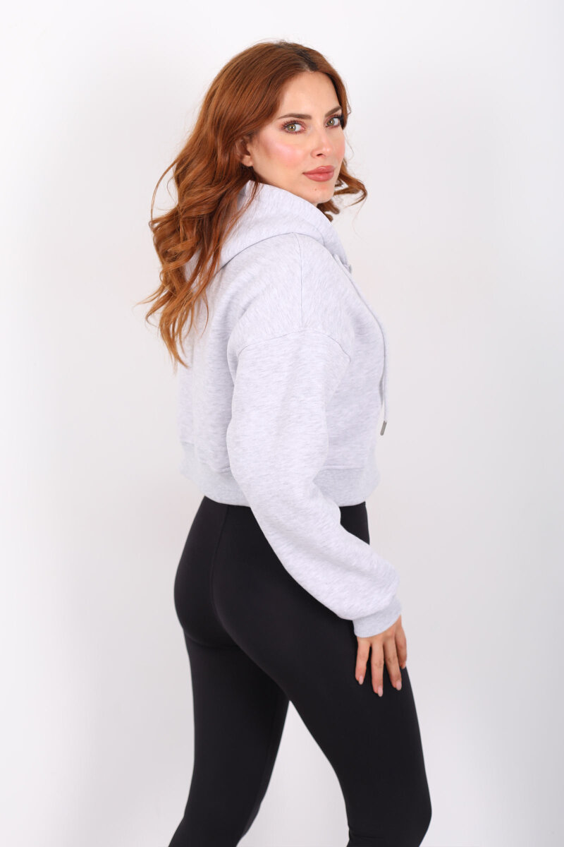 Kapüşonlu Fermuarlı Gri Melanj Kadın Crop Sweatshirt - 5