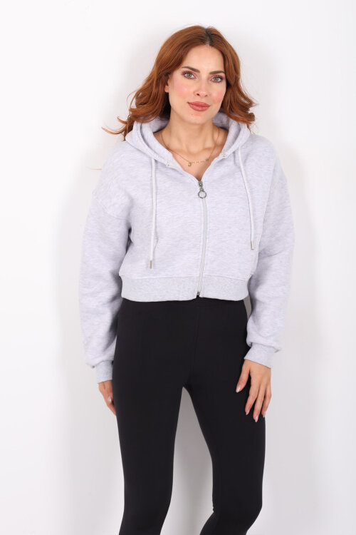 Kapüşonlu Fermuarlı Gri Melanj Kadın Crop Sweatshirt - 6
