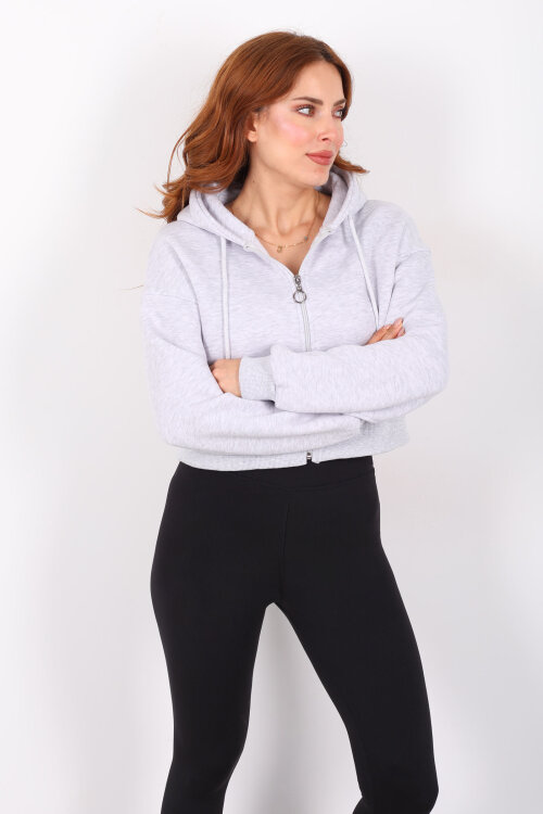 Kapüşonlu Fermuarlı Gri Melanj Kadın Crop Sweatshirt - 3