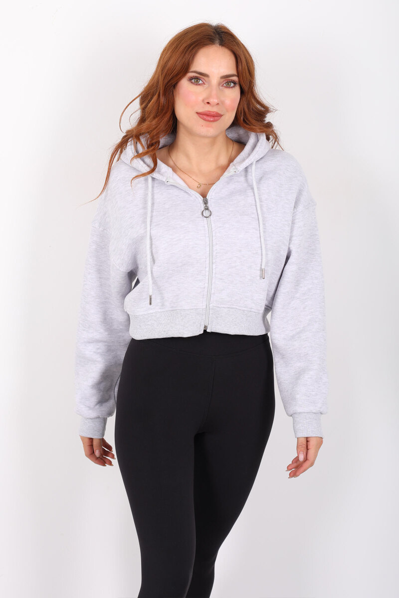 Kapüşonlu Fermuarlı Gri Melanj Kadın Crop Sweatshirt - 4
