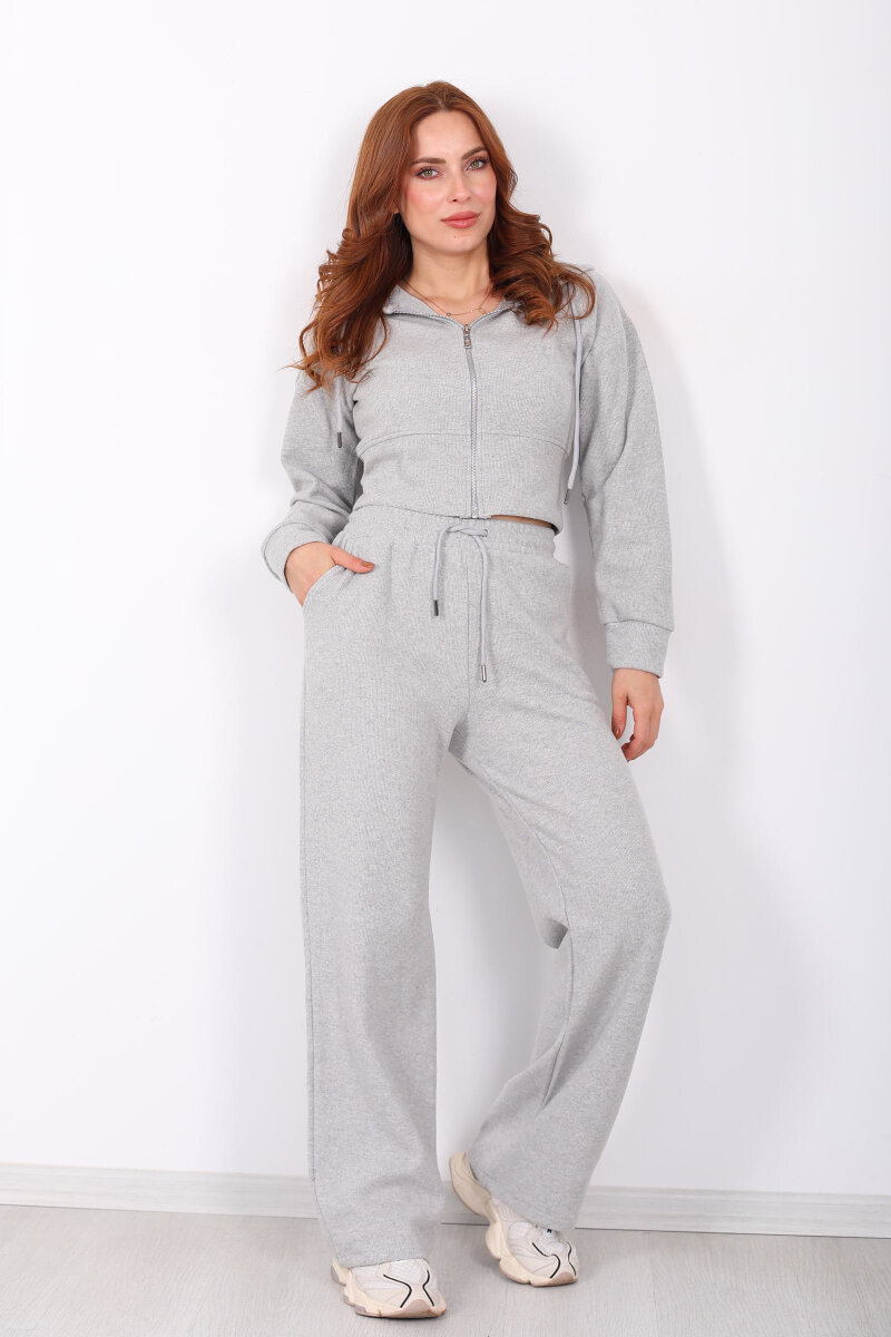 Kapüşonlu Fermuarlı Gri Melanj Kadın Selanik Takım - 3