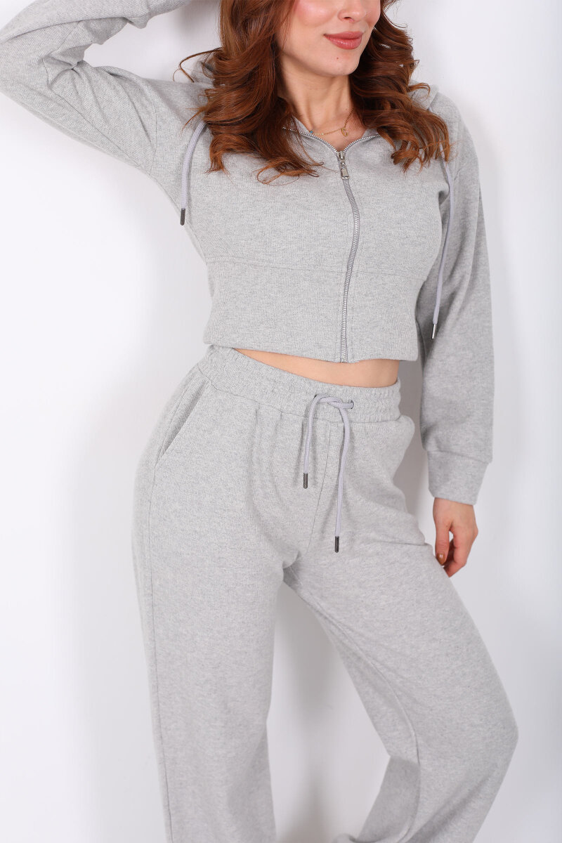 Kapüşonlu Fermuarlı Gri Melanj Kadın Selanik Takım - 2