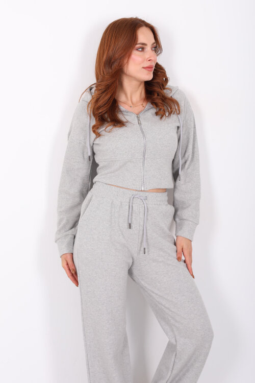 Kapüşonlu Fermuarlı Gri Melanj Kadın Selanik Takım - 4