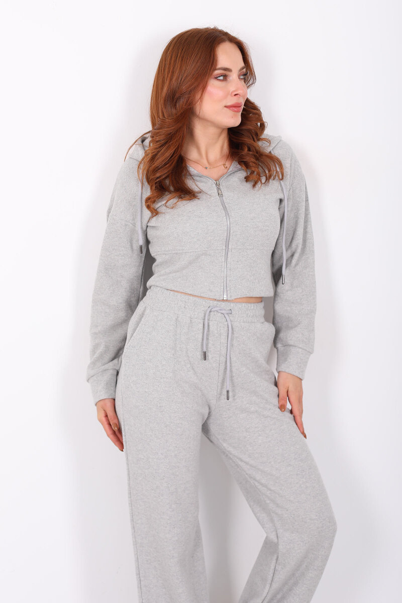 Kapüşonlu Fermuarlı Gri Melanj Kadın Selanik Takım - 4
