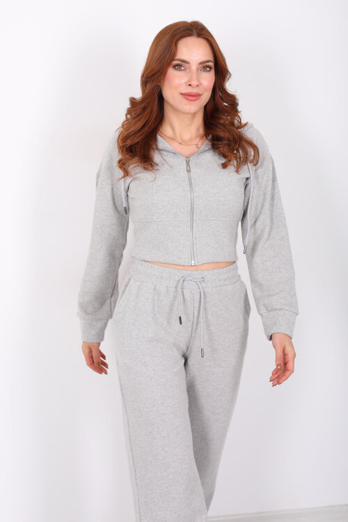 Kapüşonlu Fermuarlı Gri Melanj Kadın Selanik Takım - 6